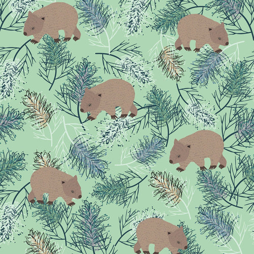 Australiana Fabrics Fabric 1 Metre / Premium woven cotton sateen 150gsm Wombat Wanderings Green