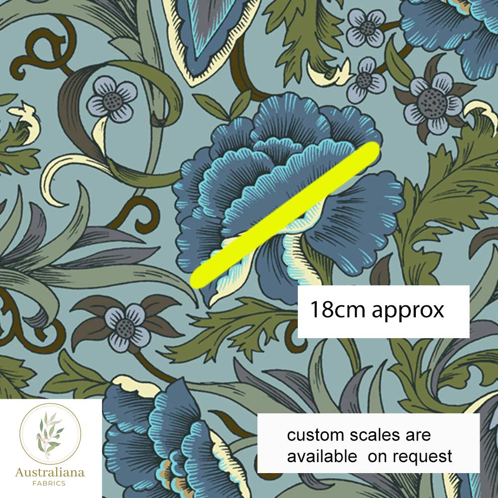 Australiana Fabrics Fabric 1 metre / Premuim Woven Cotton / Large Scale Blue Art Nouveau Floral Blooms