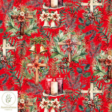 将图片加载到图库查看器，Australiana Fabrics Fabric 1 metre / Red / Cotton sateen Christmas Christian Crosses &amp; Bells
