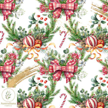 Load image into Gallery viewer, Australiana Fabrics Fabric 1 metre / White / Cotton sateen Christmas Candy Canes &amp; Baubles
