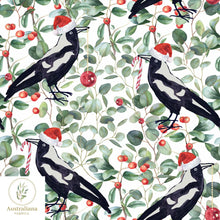 Load image into Gallery viewer, Australiana Fabrics Fabric 1 metre / White / Cotton sateen Christmas Magpie Songs

