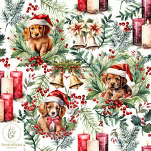 Load image into Gallery viewer, Australiana Fabrics Fabric 1 metre / White / Cotton sateen Christmas Puppies
