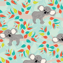 Load image into Gallery viewer, Australiana Fabrics Fabric 1 Metre / Woven cotton / Green Sleeping Koala Fabric on Blue
