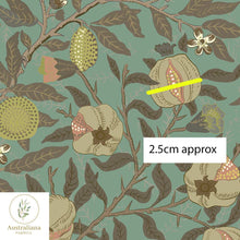 将图片加载到图库查看器，Australiana Fabrics Fabric 1 metre / Woven Cotton Sateen 150gsm / Small William Morris Pomegranate Fruit ~ Green
