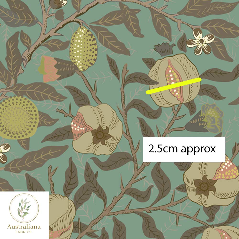 Australiana Fabrics Fabric 1 metre / Woven Cotton Sateen 150gsm / Small William Morris Pomegranate Fruit ~ Green