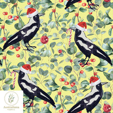 Load image into Gallery viewer, Australiana Fabrics Fabric 1 metre / Yellow / Cotton sateen Christmas Magpie Songs
