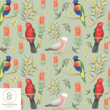 Load image into Gallery viewer, Australiana Fabrics Fabric 100% Linen 220gsm / 1 metre / Sage Green Rainbow Lorikeet, King Parrot &amp; Galah - Interiors &amp; Upholstery

