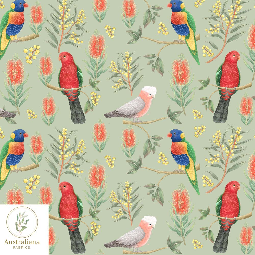 Australiana Fabrics Fabric 100% Linen 220gsm / 1 metre / Sage Green Rainbow Lorikeet, King Parrot & Galah - Interiors & Upholstery