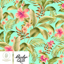 将图片加载到图库查看器，Australiana Fabrics Fabric 100% Linen 220gsm / Length 1 Metre (Cut Continuous) / Tropical Vibes on Aqua Tropical Floral Vibes Linen &amp; Canvas Upholstery by Carolyn Quan

