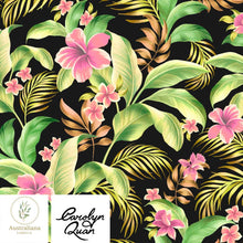 将图片加载到图库查看器，Australiana Fabrics Fabric 100% Linen 220gsm / Length 1 Metre (Cut Continuous) / Tropical Vibes on Black Tropical Floral Vibes Linen &amp; Canvas Upholstery by Carolyn Quan
