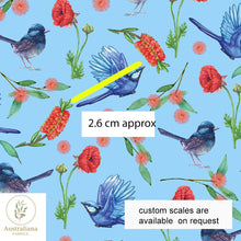 Load image into Gallery viewer, Australiana Fabrics Fabric 100% Linen / Length 1 metre (Cut Continuous) / small Blue Wren on Blue
