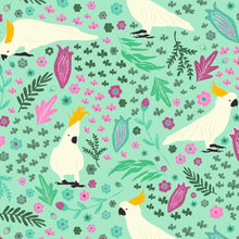Load image into Gallery viewer, Australiana Fabrics Fabric 50cm Cockatoo Garden on Soft Aqua
