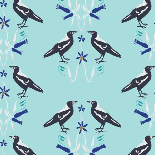 Australiana Fabrics Fabric 50cm Magpies Mirrors Blue