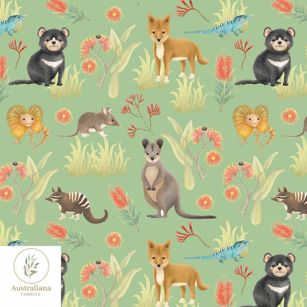 Australiana Fabrics Fabric Aussie Outback Animals - Green, 50cm x 140cm