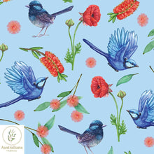 Load image into Gallery viewer, Australiana Fabrics Fabric Blue Wren on Blue
