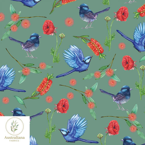 Australiana Fabrics Fabric Blue Wren on Sage Green