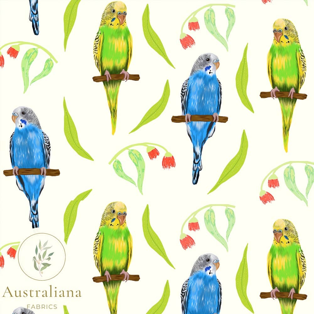 Australiana Fabrics Fabric Budgerigars on Cream, 50cm x 140cm