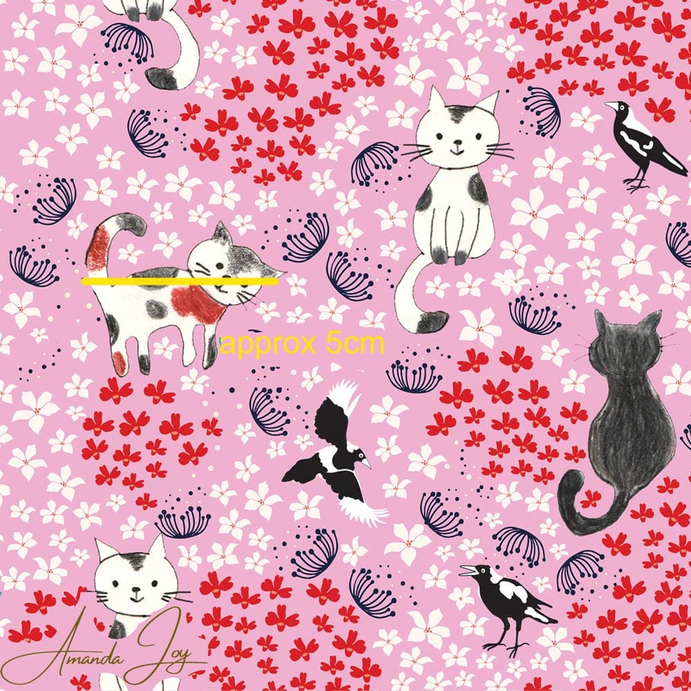 Australiana Fabrics Fabric Cats & Magpies on pink