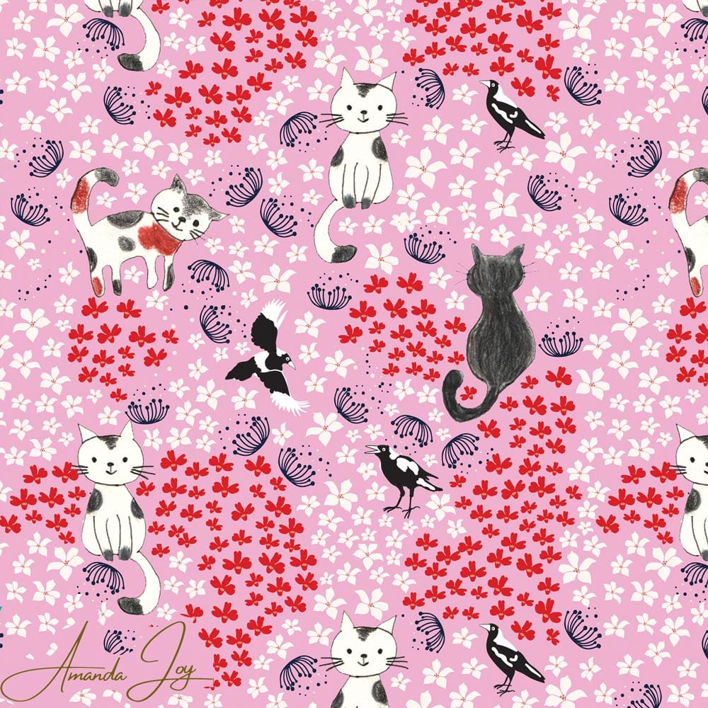 Australiana Fabrics Fabric Cats & Magpies on pink Upholstery