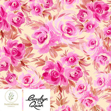 将图片加载到图库查看器，Australiana Fabrics Fabric Cotton Canvas 310gsm (upholstery) / Length 50cm (Cut Continuous) / Pink &amp; Earth on Cream Watercolour Roses Upholstery &amp; Linen Fabrics by Carolyn Quan
