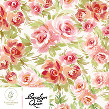 将图片加载到图库查看器，Australiana Fabrics Fabric Cotton Canvas 310gsm (upholstery) / Length 50cm (Cut Continuous) / Pink &amp; Green on White Watercolour Roses Upholstery &amp; Linen Fabrics by Carolyn Quan
