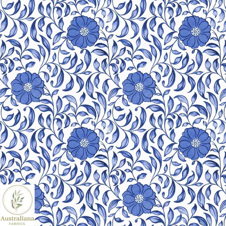 Australiana Fabrics Fabric Cotton Sateen / 1 Metre Blue & White Floral