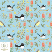 Load image into Gallery viewer, Australiana Fabrics Fabric Cotton sateen / 1 metre / Blue Willie Wagtails, Blue Wren &amp; Robins

