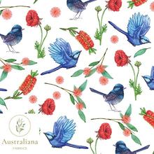 Load image into Gallery viewer, Australiana Fabrics Fabric Cotton Sateen / 1 Metre Blue Wren on White
