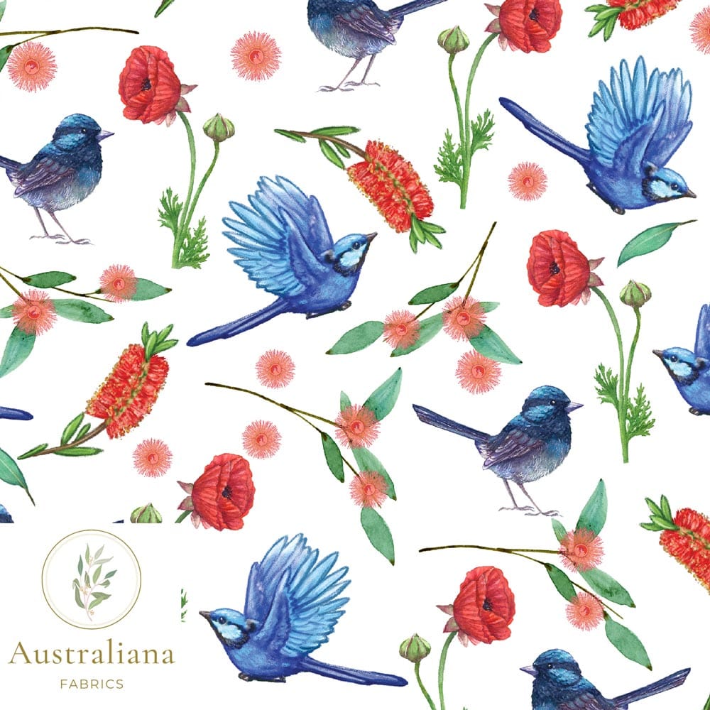 Australiana Fabrics Fabric Cotton Sateen / 1 Metre Blue Wren on White