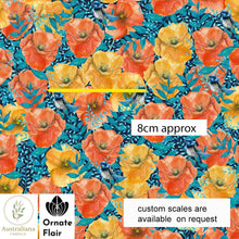 Load image into Gallery viewer, Australiana Fabrics Fabric Cotton Sateen / 1 Metre: Cut Continuous / small Yellow and Orange Poppies &amp; Wrens by Ornate Flair

