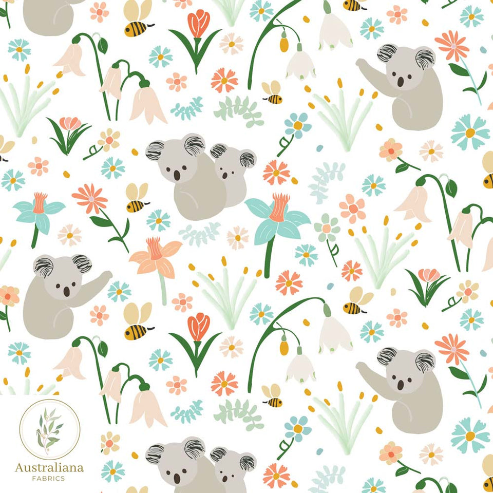 Australiana Fabrics Fabric Cotton Sateen / 1 metre (Cut Continuous) / White Koala Garden