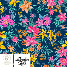 将图片加载到图库查看器，Australiana Fabrics Fabric Cotton Sateen / 1 metre / Floral Tropics on Blue Bright Floral Tropics by Carolyn Quan
