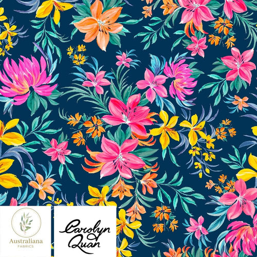Australiana Fabrics Fabric Cotton Sateen / 1 metre / Floral Tropics on Blue Bright Floral Tropics by Carolyn Quan