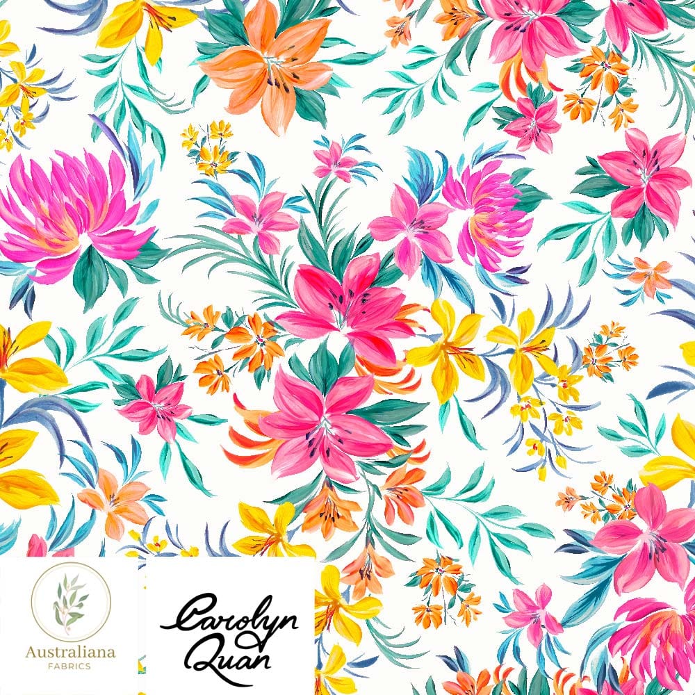 Australiana Fabrics Fabric Cotton Sateen / 1 metre / Floral Tropics on White Bright Floral Tropics by Carolyn Quan