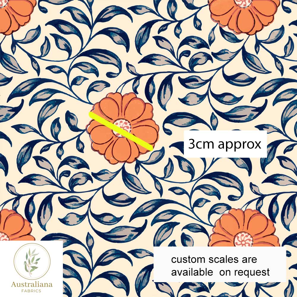Australiana Fabrics Fabric Cotton Sateen / 1 metre / Medium Vintage Orange Flower Twist