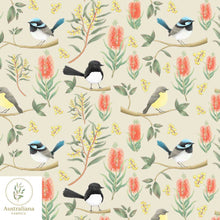 Load image into Gallery viewer, Australiana Fabrics Fabric Cotton sateen / 1 metre / Oat Willie Wagtails, Blue Wren &amp; Robins
