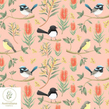 Load image into Gallery viewer, Australiana Fabrics Fabric Cotton sateen / 1 metre / Peach Willie Wagtails, Blue Wren &amp; Robins
