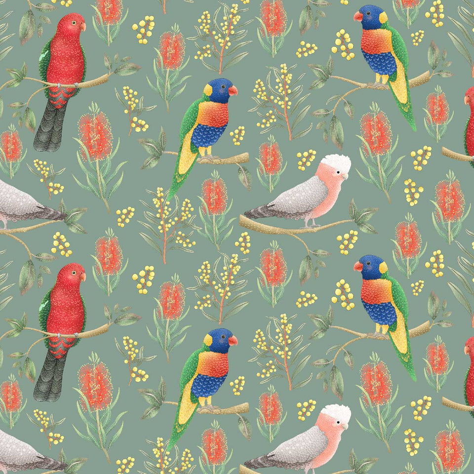 Australiana Fabrics Fabric Cotton Sateen / 1 metre / Sage Green Rainbow Lorikeet, King Parrot & Galah
