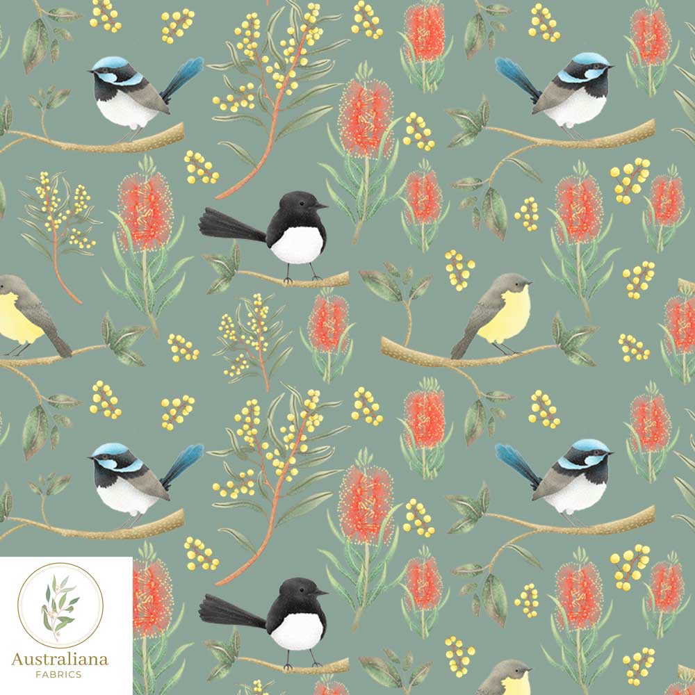 Australiana Fabrics Fabric Cotton sateen / 1 metre / Sage Green Willie Wagtails, Blue Wren & Robins