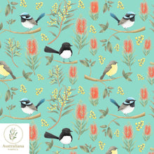 Load image into Gallery viewer, Australiana Fabrics Fabric Cotton sateen / 1 metre / Vibrant Green Willie Wagtails, Blue Wren &amp; Robins
