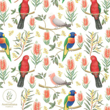 Load image into Gallery viewer, Australiana Fabrics Fabric Cotton Sateen / 1 metre / White Rainbow Lorikeet, King Parrot &amp; Galah
