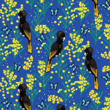 Load image into Gallery viewer, Australiana Fabrics Fabric Cotton Sateen / 1 Metre Yellow Tailed Black Cockatoo on blue
