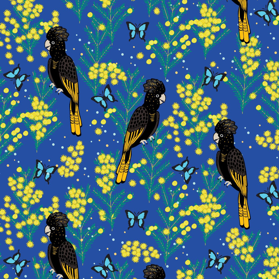 Australiana Fabrics Fabric Cotton Sateen / 1 Metre Yellow Tailed Black Cockatoo on blue