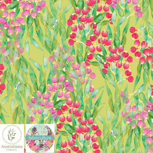 Australiana Fabrics Fabric Cotton Sateen / Length 1 Metre (Cut Continuous) / Green Magenta Lilly Pilly by Fabriculture