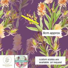 将图片加载到图库查看器，Australiana Fabrics Fabric Cotton Sateen / Length 1 Metre (Cut Continuous) / Large Bush Banksia in Purple by Fabriculture
