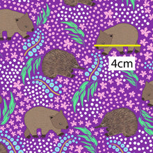 Load image into Gallery viewer, Australiana Fabrics Fabric Echidna Wombat Purple Remnant 100cm  x 150cm - COTTON CANVAS 370gsm
