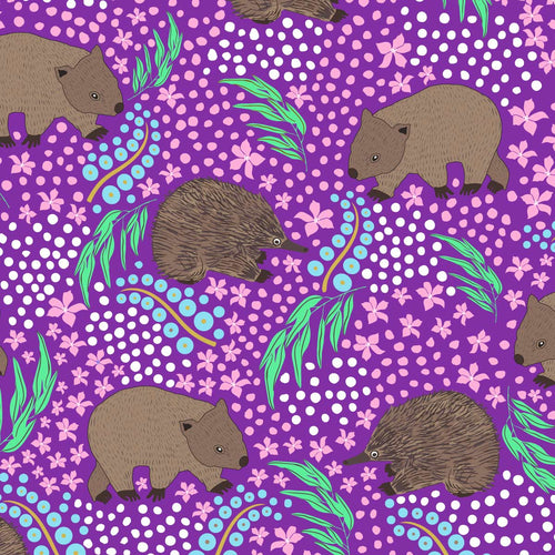 Australiana Fabrics Fabric Echidna Wombat Purple Remnant 100cm  x 150cm - COTTON CANVAS 370gsm