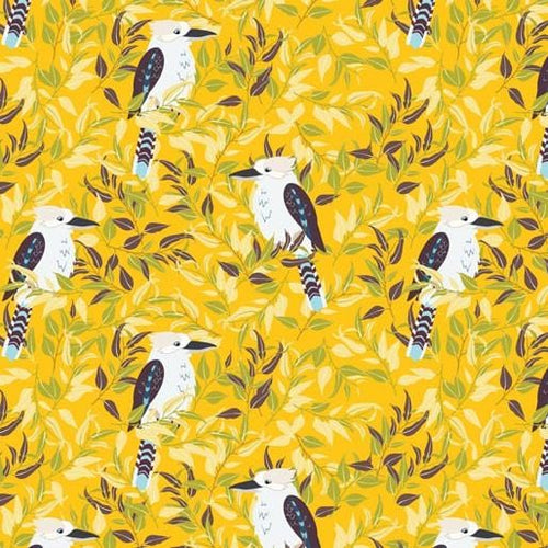 Australiana Fabrics Fabric Kookaburra in the Gum Trees Yellow Gold, 50cm x 140cm
