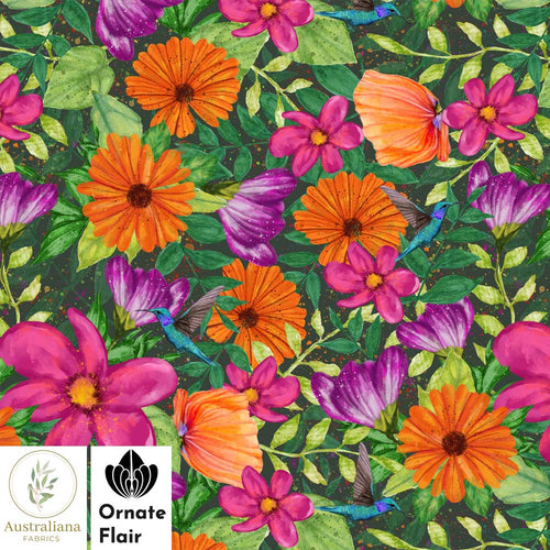 Australiana Fabrics Fabric Mixed Blooms and Hummingbirds by Ornate Flair