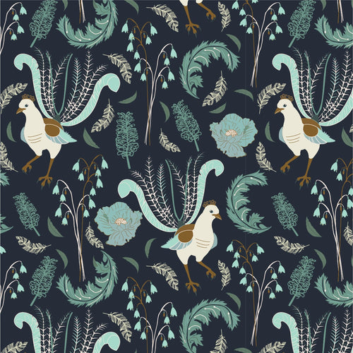 Australiana Fabrics Fabric Organic Cotton Canvas / 1 metre Lyrebird on Navy Soft Furnishings & Upholstery Fabric